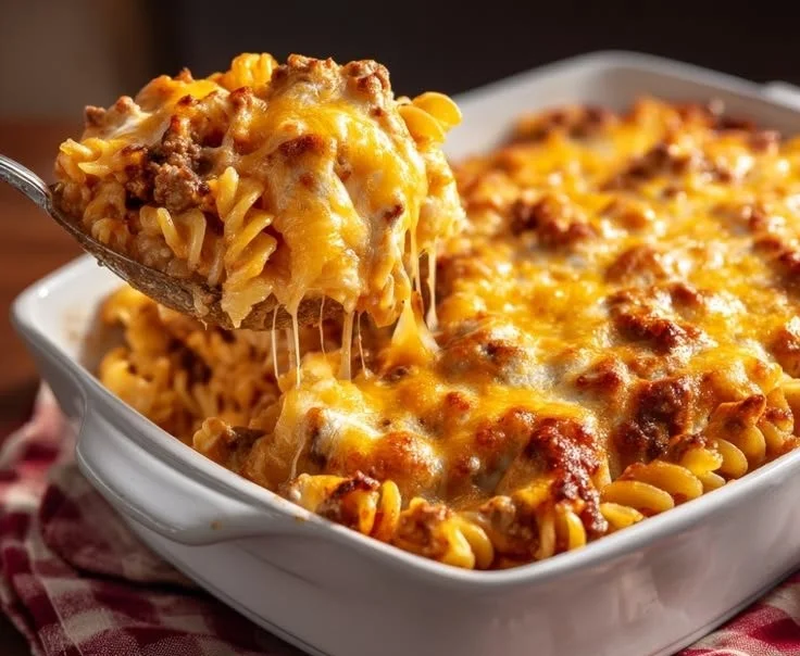 Cheeseburger pasta casserole topped with cheese and herbs in a baking dish
