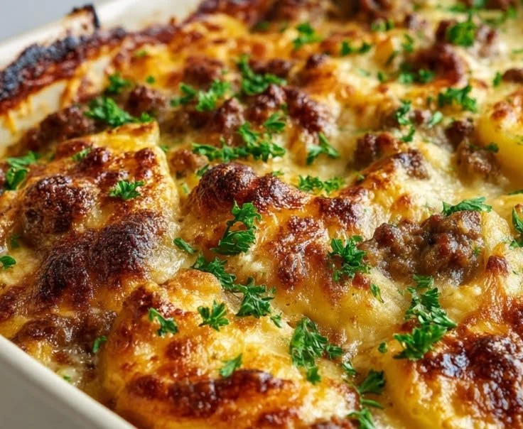 Cheesy hamburger potato casserole served in a baking dish with toppings