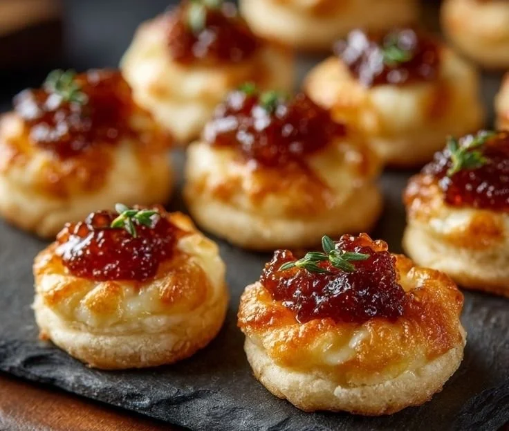 Cheesy thumbprint appetizers with hot pepper jelly on a platter.