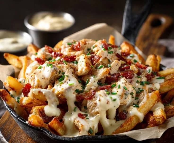 Delicious Chicken Bacon Ranch Fries topped with chicken, bacon, and ranch dressing