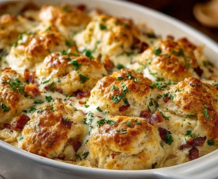 Delicious Chicken Biscuit Casserole topped with flaky biscuits and herbs.