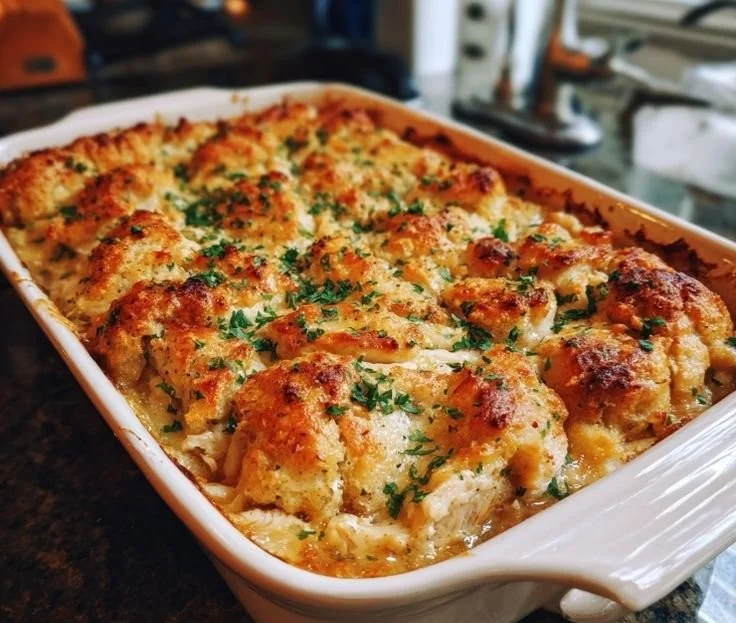 Chicken Cobbler Casserole topped with flaky crust, perfect for cozy meals