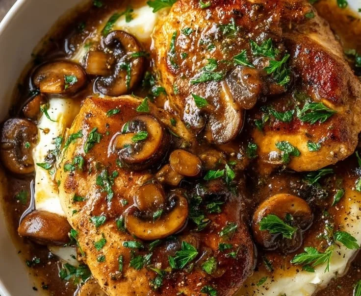 Delicious homemade Chicken Marsala served with mushrooms and wine sauce