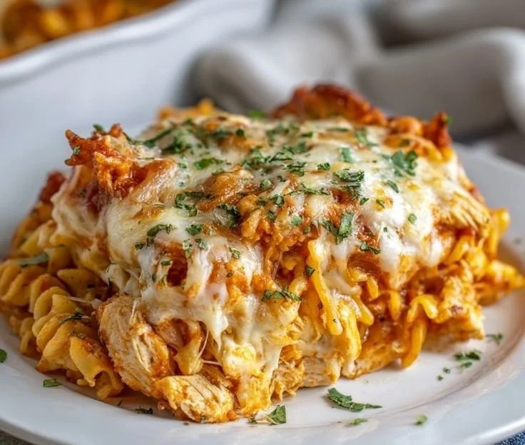 Chicken Parmesan Casserole topped with melted cheese and marinara sauce
