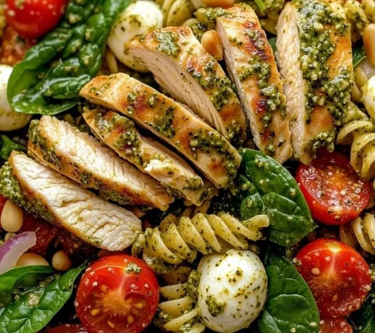 Delicious Chicken Pesto Pasta Salad with fresh ingredients and vibrant colors