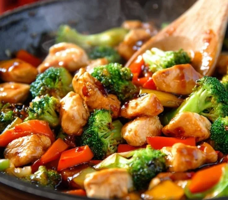 Colorful chicken stir fry with vegetables in a skillet