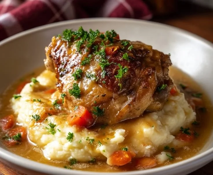 Delicious Chicken Thigh Osso Bucco served with vegetables and herbs