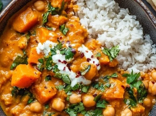 Chickpea and Sweet Potato Curry served in a bowl with fresh herbs