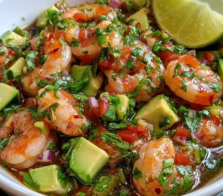 Chilli Lime Shrimp Ceviche served in a bowl with vibrant ingredients