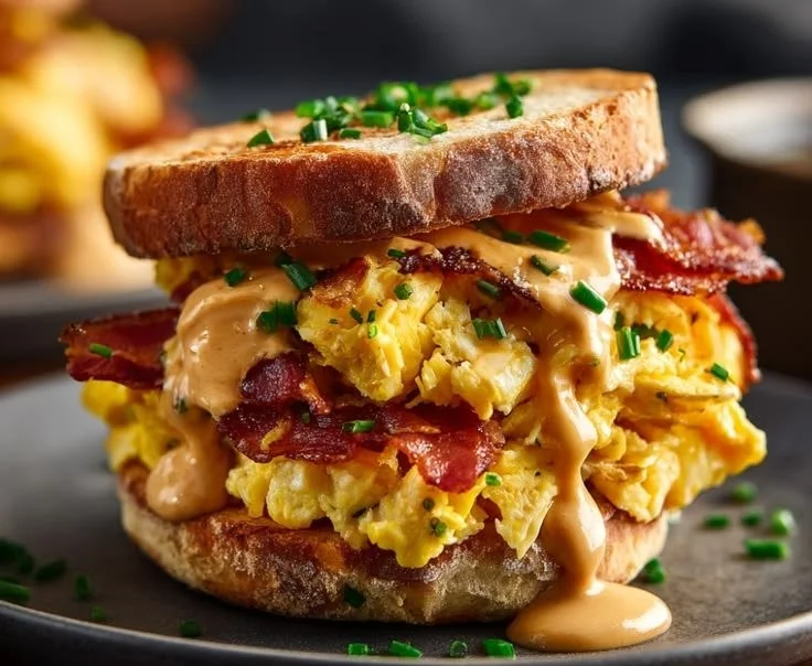 Delicious chipotle breakfast sandwich with eggs, cheese, and spicy sauce