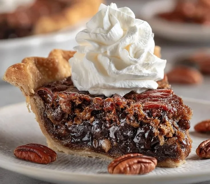 Slice of Chocolate Bourbon Pecan Pie with pecans and chocolate drizzle