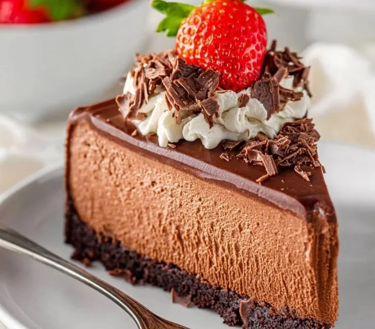 Delicious homemade chocolate cheesecake topped with chocolate ganache and strawberries.