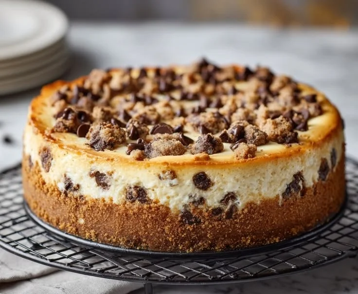 Delicious Chocolate Chip Cookie Dough Cheesecake with cookie dough topping