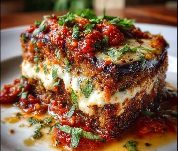 Plate of classic Eggplant Parmesan with cheese and marinara sauce