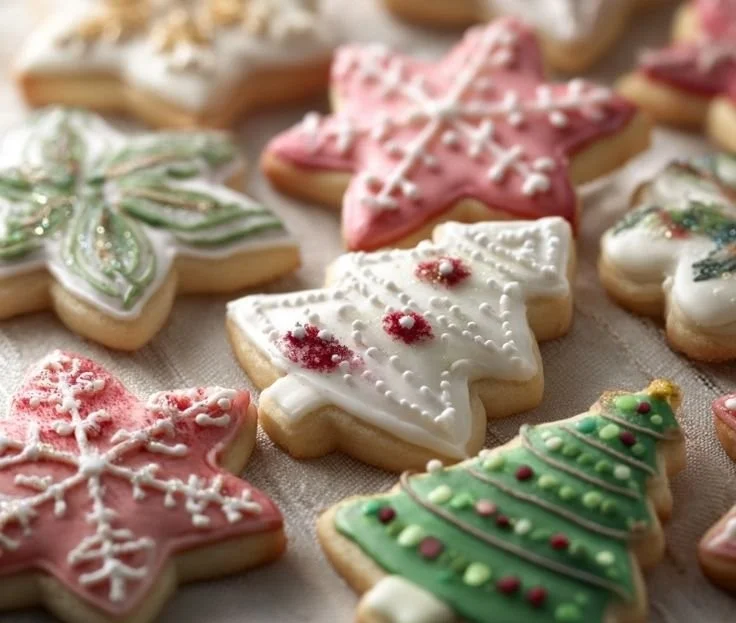 Plate of classic soft Christmas cookies decorated with icing and sprinkles