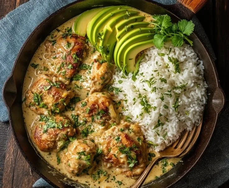 Creamy coconut chicken dish served in a bowl with herbs