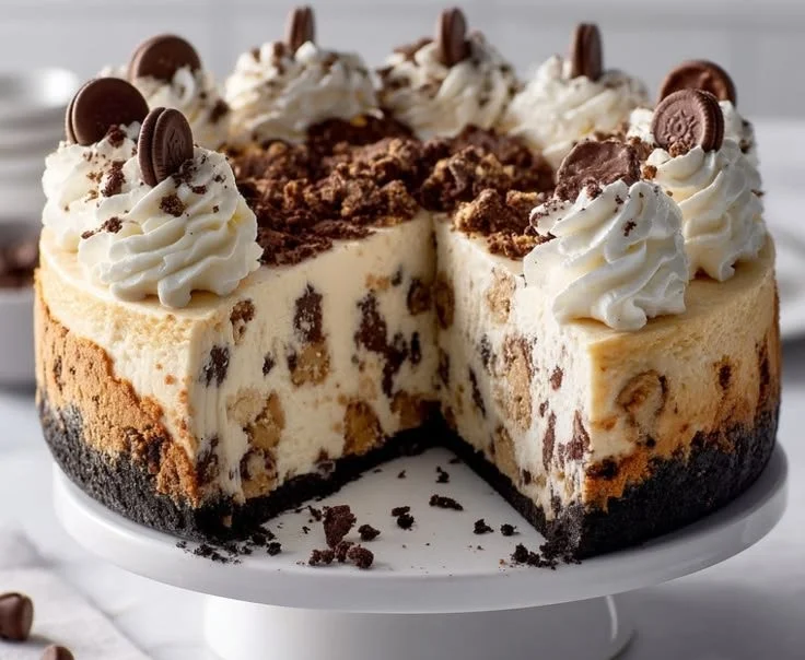 Delicious homemade cookie dough cheesecake topped with chocolate chips