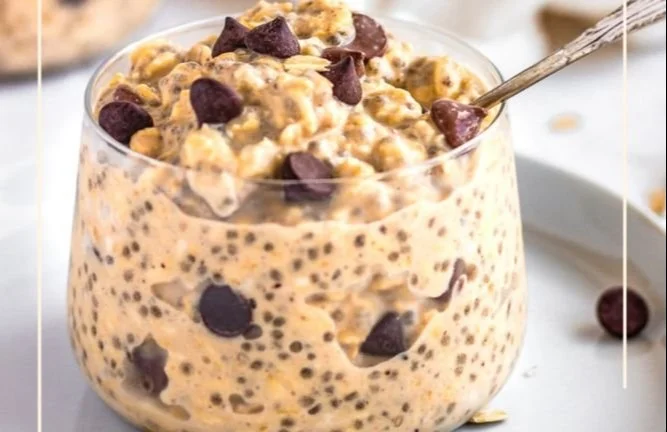 Healthy cookie dough overnight oats in a jar with chocolate chips and walnuts