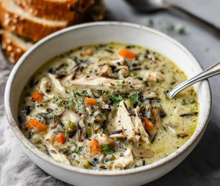 Bowl of creamy chicken and wild rice soup inspired by Panera Bread recipe