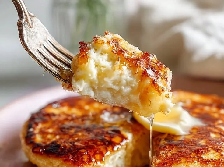 Fluffy cottage cheese pancakes served with fresh fruits and syrup
