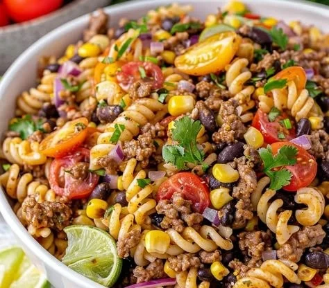 Bowl of colorful Cowboy Pasta Salad with peppers, corn, and dressing