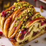 Cranberry Pistachio Babka Bread Wreath beautifully arranged for the holidays.