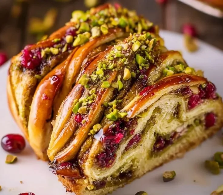 Cranberry Pistachio Babka Bread Wreath beautifully arranged for the holidays.