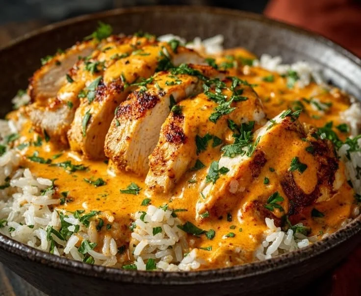Creamy Cajun Chicken served with Garlic Rice.