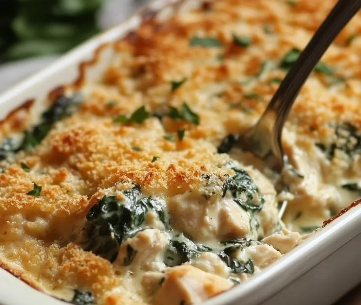 Creamy chicken and spinach casserole ready to serve for a comforting meal