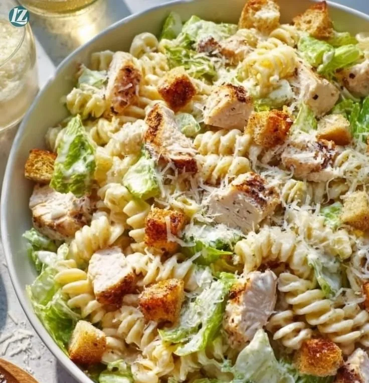 Creamy chicken pasta dish garnished with parsley on a white plate