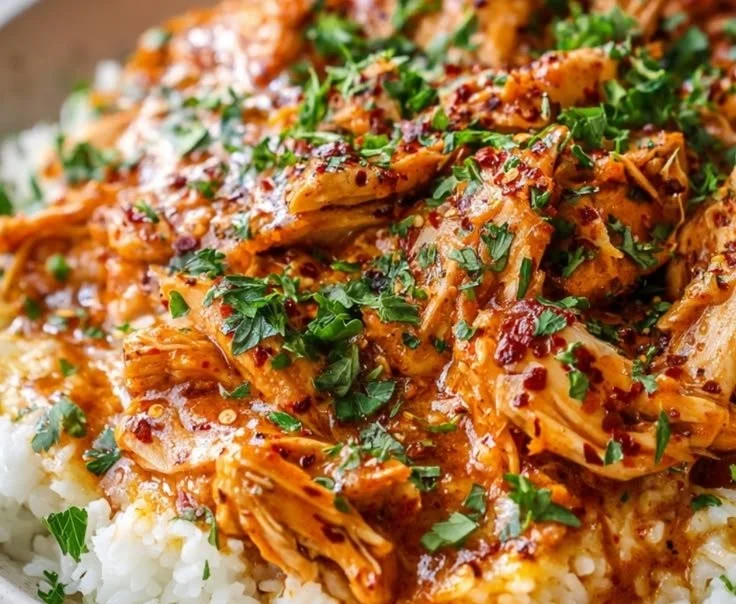 Delicious creamy crockpot Cajun Butter Chicken served with herbs