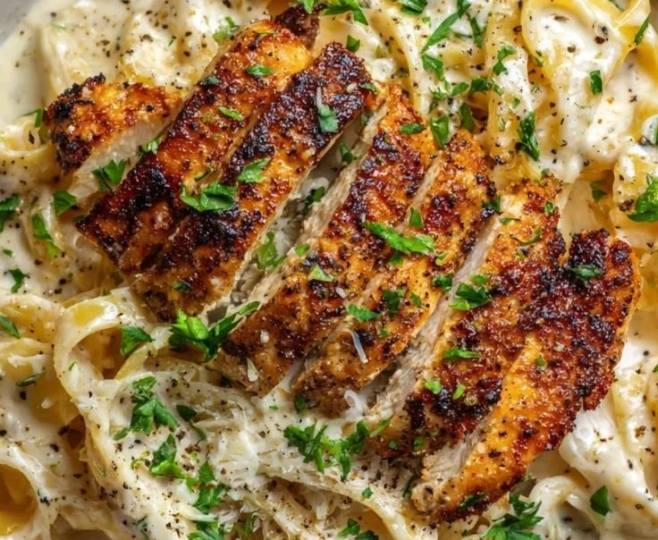 Creamy dairy-free chicken alfredo served in a bowl