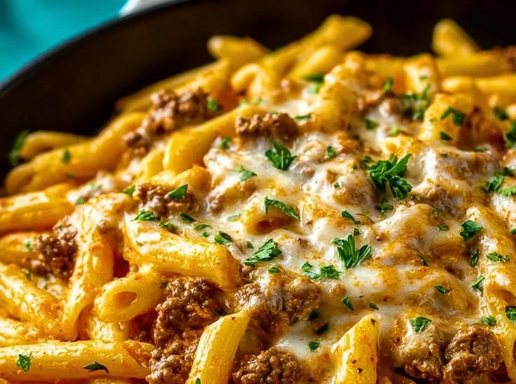 Creamy high-protein beef pasta dish garnished with herbs