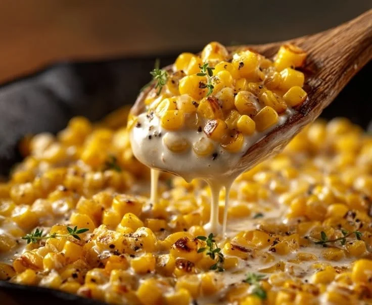 Creamy honey butter skillet corn in a cast iron pan