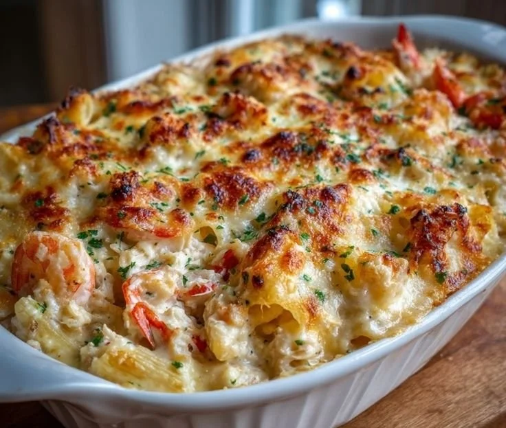 Creamy shrimp crab Alfredo pasta bake with a golden cheese crust