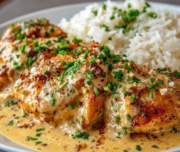 Delicious creamy smothered chicken served over rice