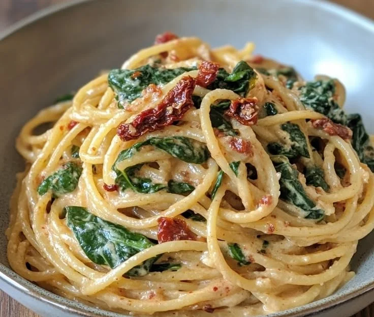 Creamy sun-dried tomato and spinach pasta served in a bowl