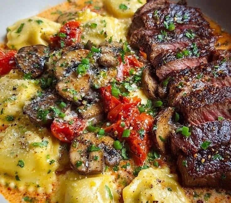 Creamy tomato mushroom ravioli served with seared steak on a plate