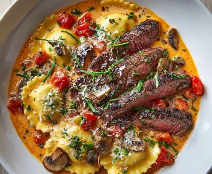 Creamy tomato mushroom ravioli served with seared steak on a plate.