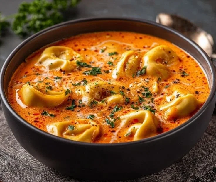 Creamy tomato tortellini soup served in a bowl with fresh herbs.