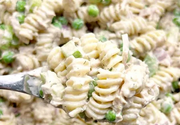 Creamy Tuna Pasta Salad in a bowl with fresh vegetables