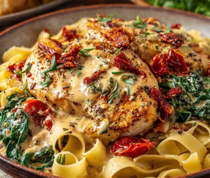 Creamy Tuscan Chicken Pasta garnished with basil and cherry tomatoes on a white plate
