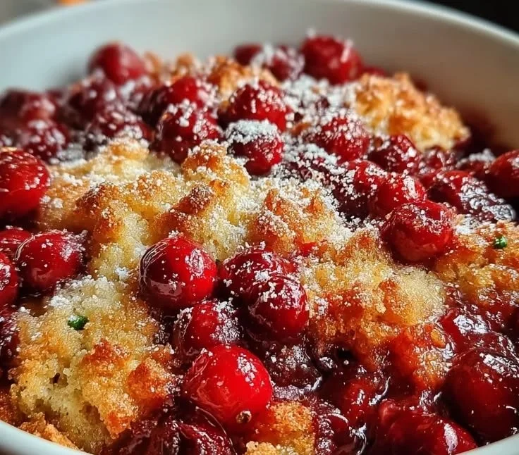 Crispy cranberry cobbler served in a dish with fresh cranberries on top.