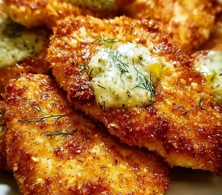Crispy Dill Pickle Parmesan Chicken garnished and ready to serve