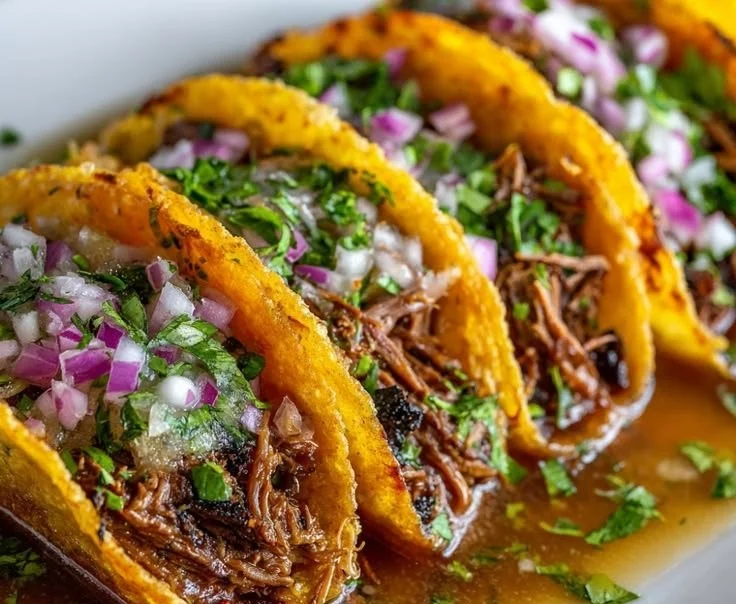 Crock Pot Birria Tacos served with cilantro and lime on a vibrant plate