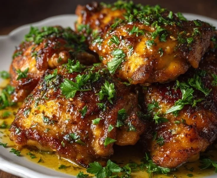 Delicious crock pot chicken thighs garnished with herbs