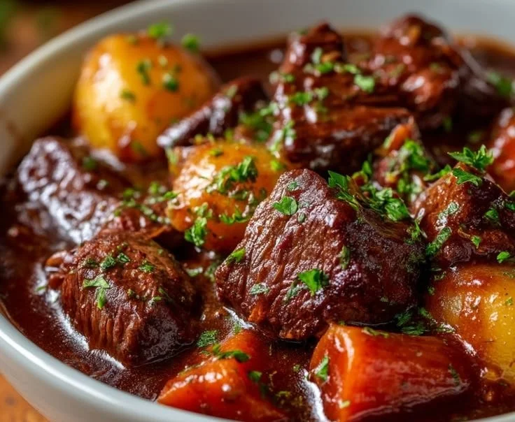 Delicious crockpot beef stew simmering in a pot, the ultimate comfort food.