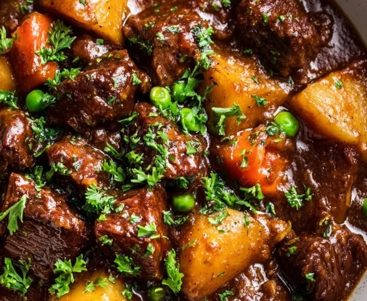 Crockpot beef stew simmering with vegetables and herbs in a deep bowl.