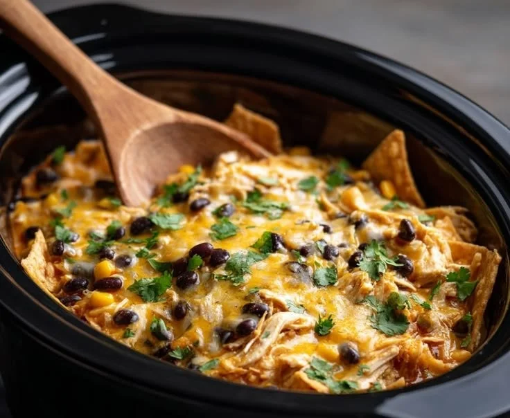 Delicious crockpot chicken enchilada casserole topped with cheese and fresh herbs.