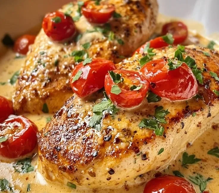 Delicious Crockpot Marry Me Chicken recipe served with herbs and sauce.